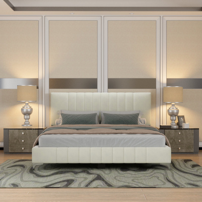 Jineane Upholstered Panel Bed, Queen, Cream/Silver