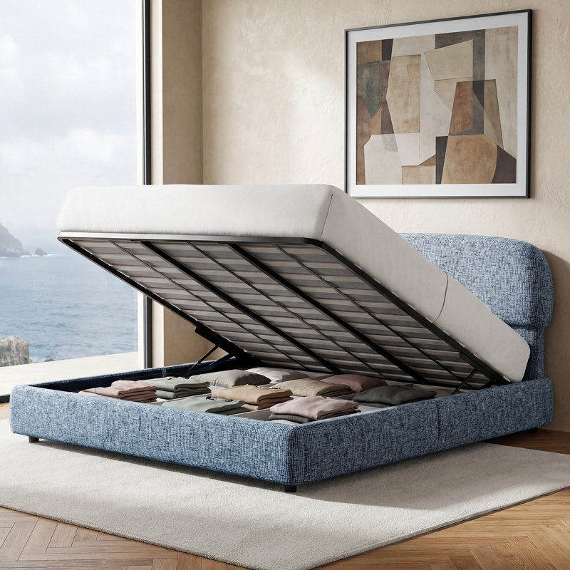 Grand lit plateforme tapissier Devotia, Bleu, Grand lit