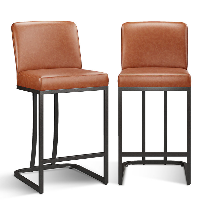 Forsyth 24" Brown Counter Stool with Upholstered Faux Leather and Black Metal Frame, Brown/Black