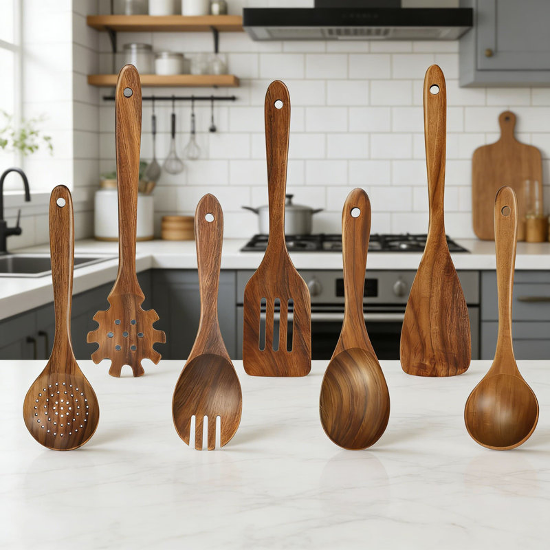 Ensemble d'ustensiles de cuisine en bois de teck 7 pièces avec spatule et louche, ustensiles de cuisine résistants à la chaleur pour casseroles antiadhésives, écologiques et durables