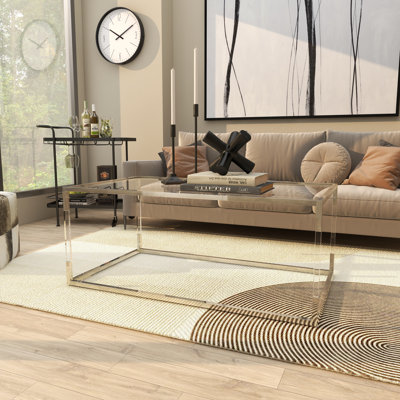 Nichalaus Acrylic Plastic Cube Shaped Clear Coffee Table with Silver Frame Supports