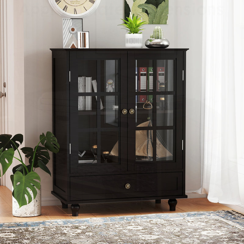 Buffet minimaliste avec portes doubles en verre et tiroir, rangement moderne en bois pour le salon, la salle à manger, le couloir et le vestibule