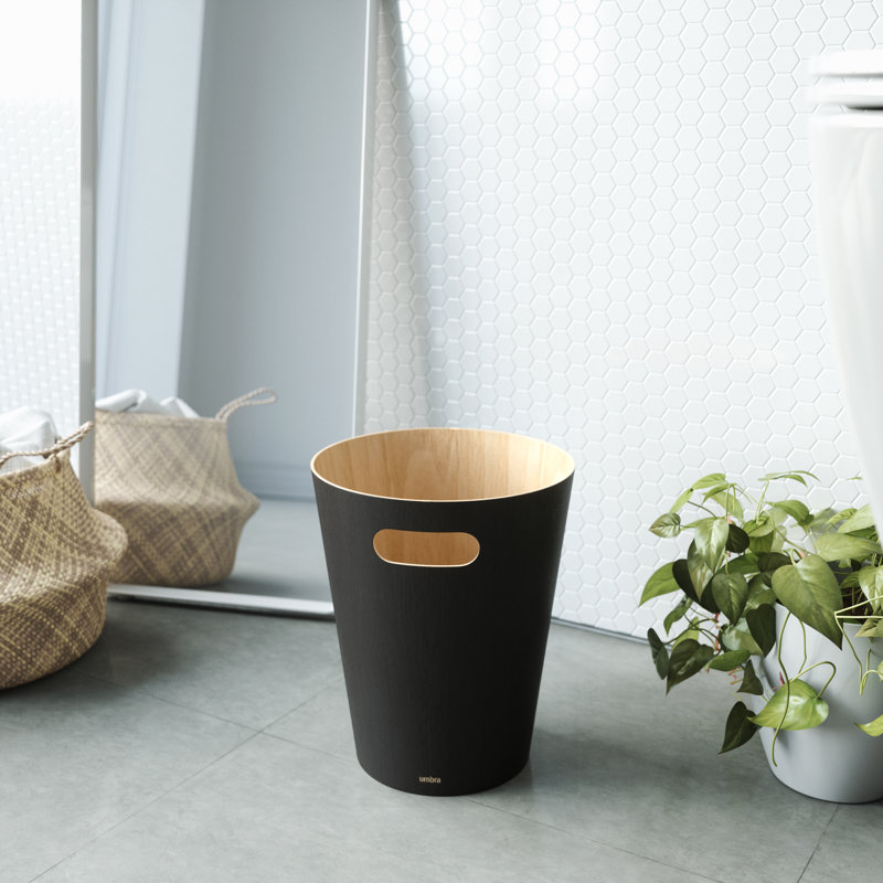 Woodrow Small Bin - Open Wood Waste Basket for Office, Bedroom, Bathroom, 2.25 Gallons, Noir, naturel