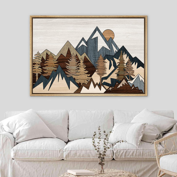 Western Wood Effect Landscape 3D Sun Mountain Range Forest Nature Modern Framed On Canvas Picture Print Wall Art
