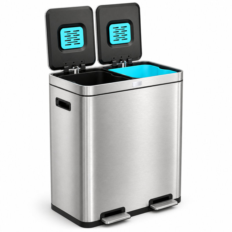 Poubelle à recyclage double en acier inoxydable 16 gallons avec contrôle des odeurs CleanAura et couvercle à fermeture en douceur Home Zone Living
