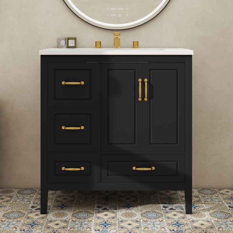 Meuble-lavabo de 36 pouces à la mode avec évier, 1 armoire à fermeture douce et 4 tiroirs à fermeture douce, Noir