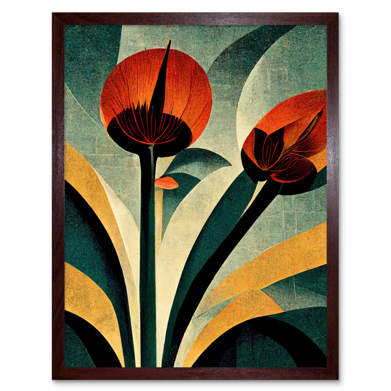 Single Art Deco Flower Artwork - Print, Brown Framed Paper, 43cm H x 33cm W