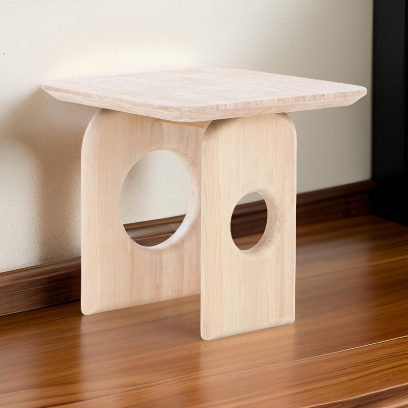 Aky 22 Inch Side End Table, Square Marble Top, Open Frame, Natural Brown