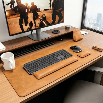 Tapis de souris et repose-poignets pour clavier, grand tapis de bureau en cuir PU de 80 x 40 cm avec support pour les poignets, ensemble tapis de souris et repose-poignets pour le travail et les jeux, brun