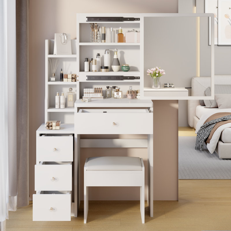 Meuble-lavabo compact avec tabouret rembourré en MDF au design artistique, idéal pour les petits espaces