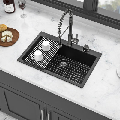 Quartz Kitchen Sink - 33" X 22" X 9.65" Black Granite Composite Drop In Kitchen Sink