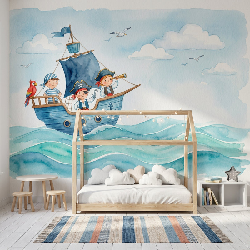 Murale de bateau pirate, 100 po x 96 po, Peler et coller