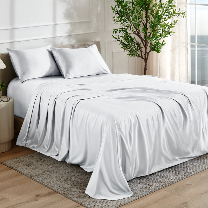 Satin Sheet Set, White, Full Sheet Set with 2 Pillowcases