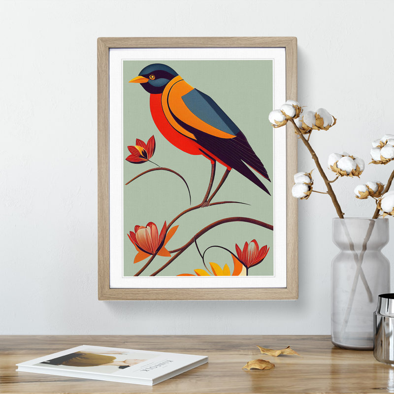 Cheerful Bird - Single Picture Frame Painting, Oak, 64cm H x 46cm W x 2cm D