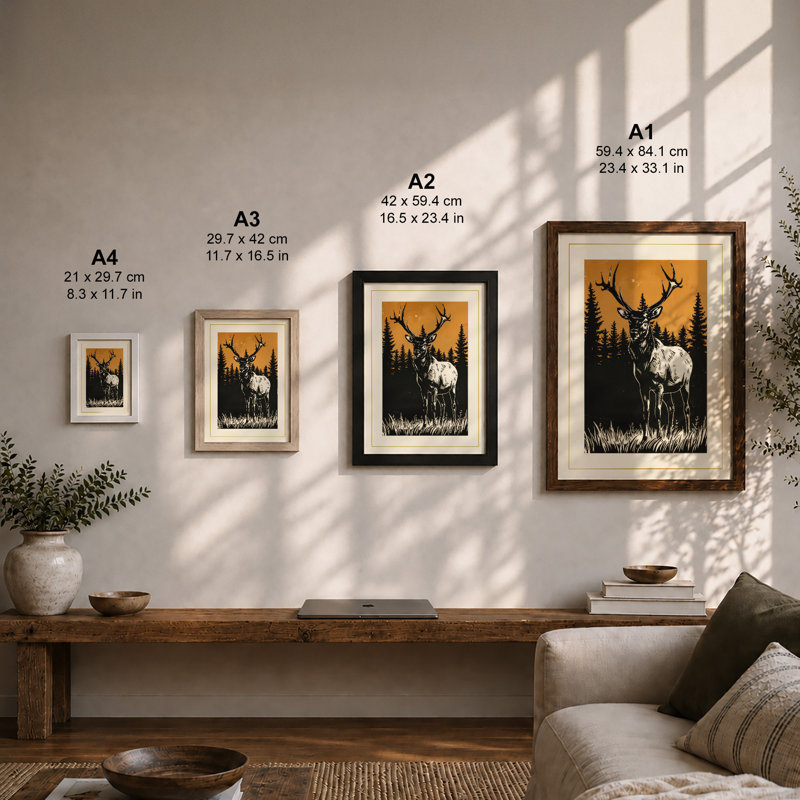 Deer in Silhouette Rustic - Framed Print, A4 - 29.7 x 21.0 cm, Unframed