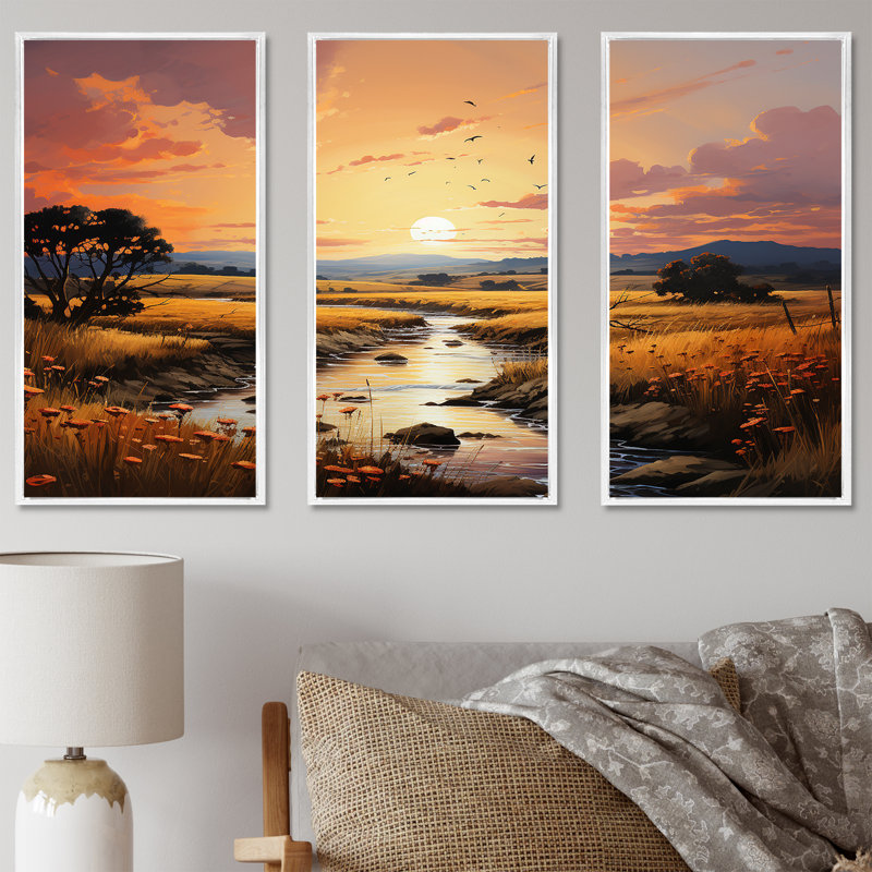 Ensemble de décorations murales Prairies Landscape Fusion At Sunset, H 40 po x l 60 po x P 1 po, Cadre flottant blanc