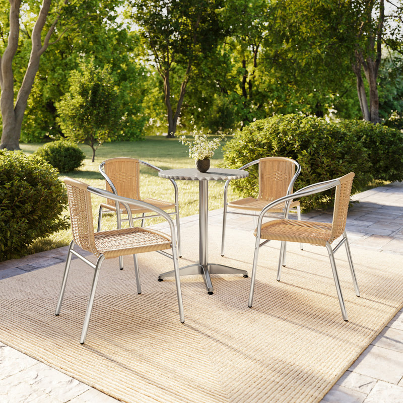 Haverhill 23.5'' Round Aluminum Indoor-Outdoor Table Set with 4 Rattan Chairs, Beige