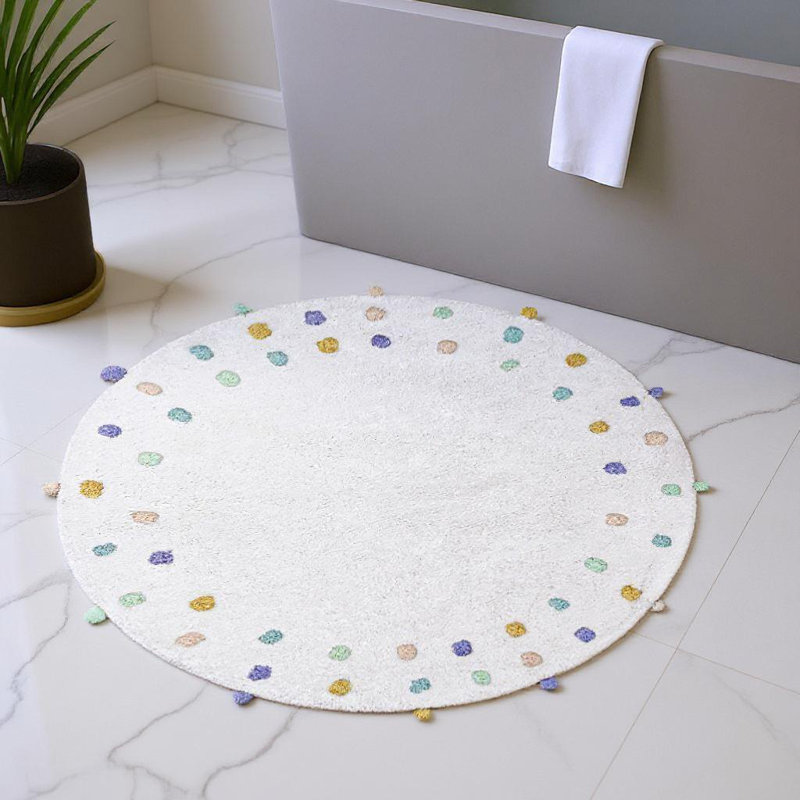 32" White Green And Purple Cotton Round Polka Dots Bath Rug