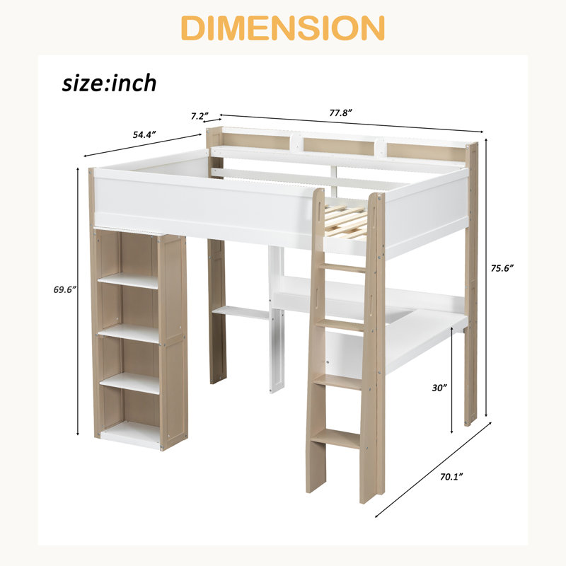 Lit mezzanine double en bois avec tablettes de rangement intégrées, portemanteaux et bureau, Naturel