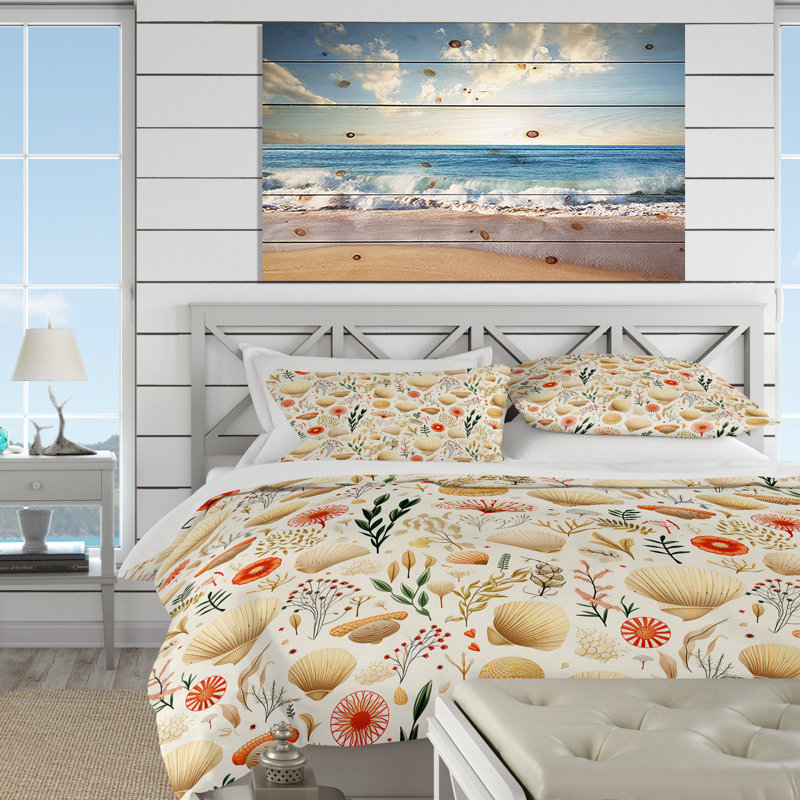 Literie coquillage à motif tropical II, Housse de couette pour grand lit et 2 taies décor