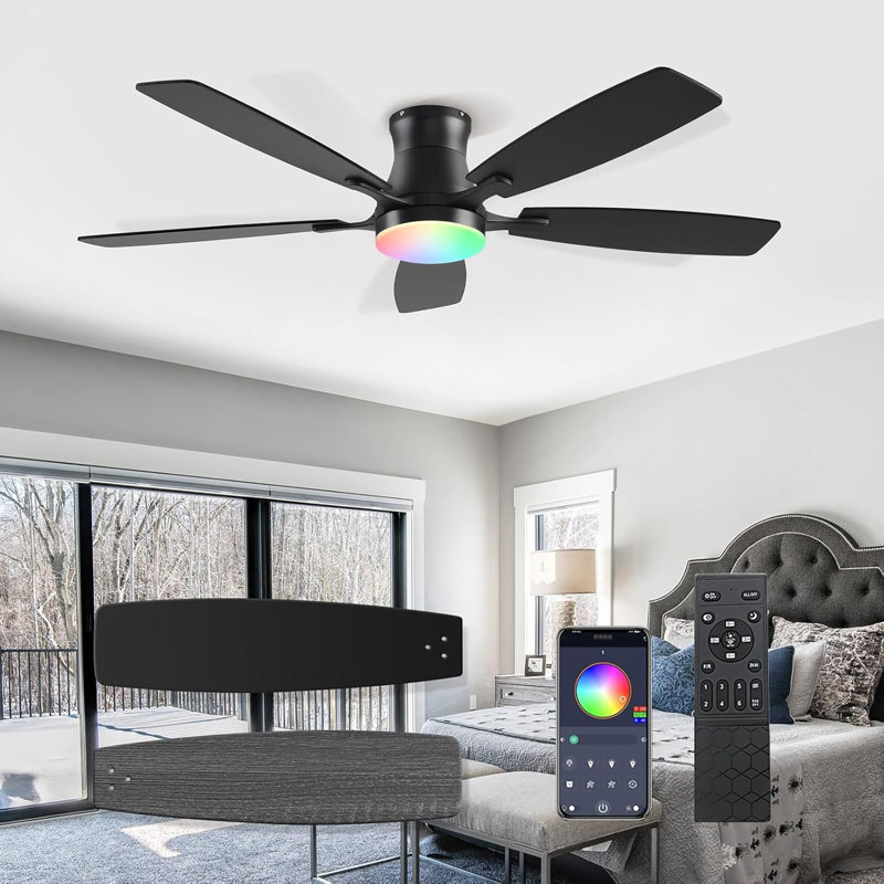 Ceiling Fans With Lights, 54Inch RGB Low Profile Ceiling Fan With Light And Remote Control, Dimmable, Reversible DC Motor, Noiseless, 6 Speeds, Flush Mount Ceiling Fan For Livingroom