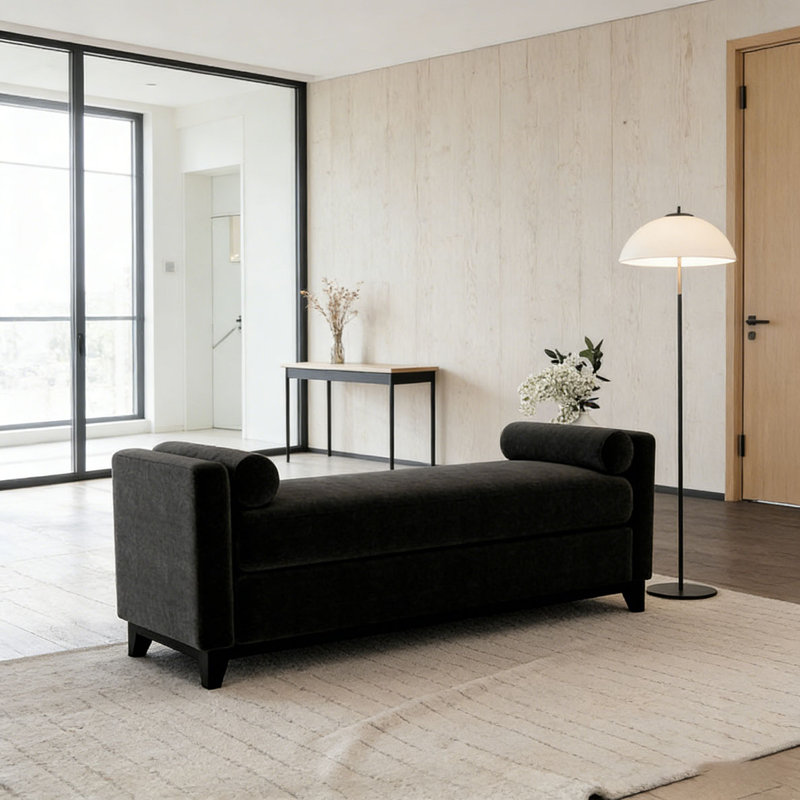 Banc rembourré en bois massif, 66,34 pouces, Noir-1