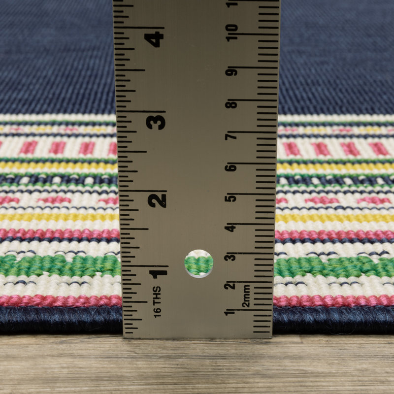 Sherley Multi-Stripe Border Navy/ Multi Indoor-Outdoor Area Rug, Rectangle 5'3" x 7'3"