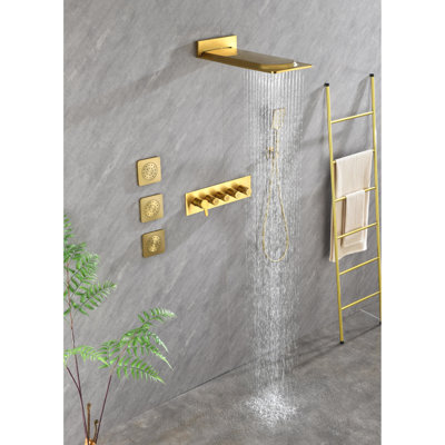 Système de douche mural en laiton, 3 jets pour le corps et système portable de type or naturel avec impression de pluie