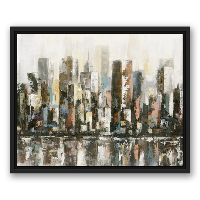 Paysage urbain réfléchissant - Peinture, Toile à cadre flottant noir, H 17,75 po x l 21,75 po x P 1,75 po