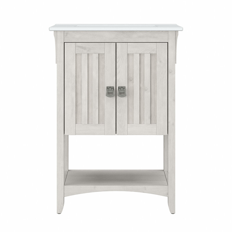 Keyunta 24.21'' Single Bathroom Vanity with Ceramic Top, White Oak