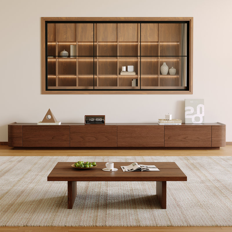 Ayrah 94.5" Mid Century Modern TV Stands, 4 Drawers, Solid Wood Brown Media Console, 11.4" H x 94.5" L x 15.7" W, Brown