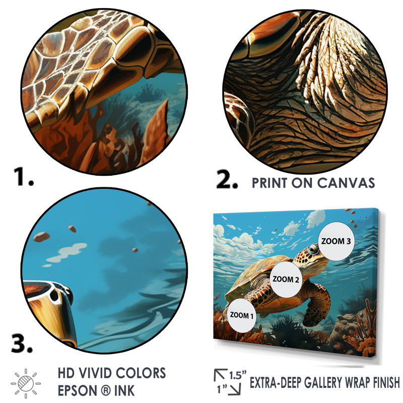 Large Blue and Brown Turtle Coastal Canvas Art Print