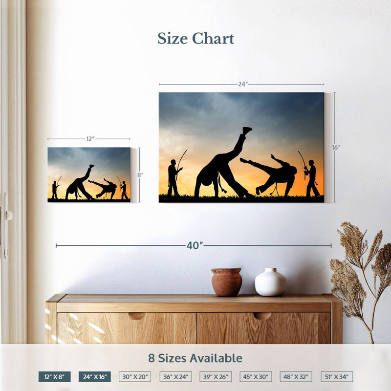 Silhouette de capoeira au coucher du soleil, H 16 po x l 24 po