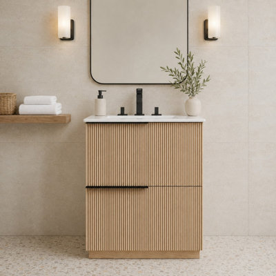 Meuble-lavabo de 30 po avec lavabo en céramique et tiroirs pleine extension, glissières de tiroir à fermeture en douceur, conception cannelée, naturel