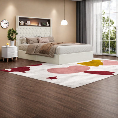 Luxueuse base de lit en velours avec port USB, conception à oreilles beige