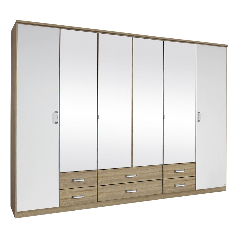 Gandra 6 Hinged Door Wardrobe 271 cm Alpinwhite/Oak 6 Drawer, Mirror INCL. Delivery and Assembly