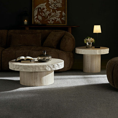 Ensemble de 2 tables basses à motif de textures artificielles MARS pour salon sans assemblage beige