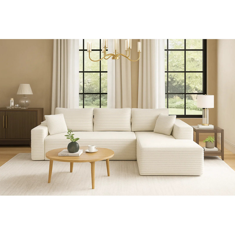Canapé modulaire en velours côtelé 2 pièces 104 po avec méridienne 104 po côté droit - revêtement L beige, Orienté à droite