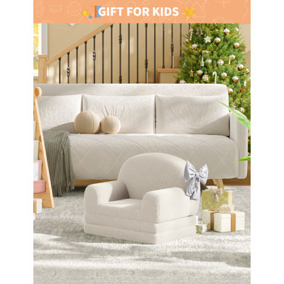 2-in-1 Convertible Kids Sofa Chair – Soft Sherpa, High-Density Foam, Fold Out Lounger for Playroom, Nursery – Comfortable Children's Couch, Ideal Birthday Gift – White