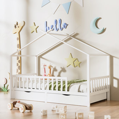 Full House Bed With 2 Storage Drawers, Bed Frame With Rails And Roof