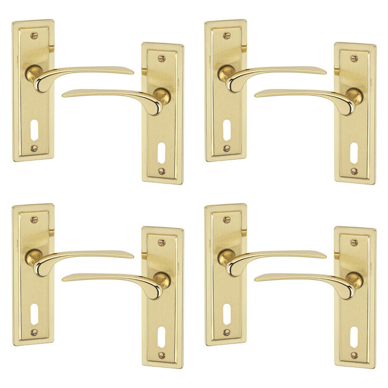 4x Dual Metal Lever Latch Door Handles Set, Polished Brass