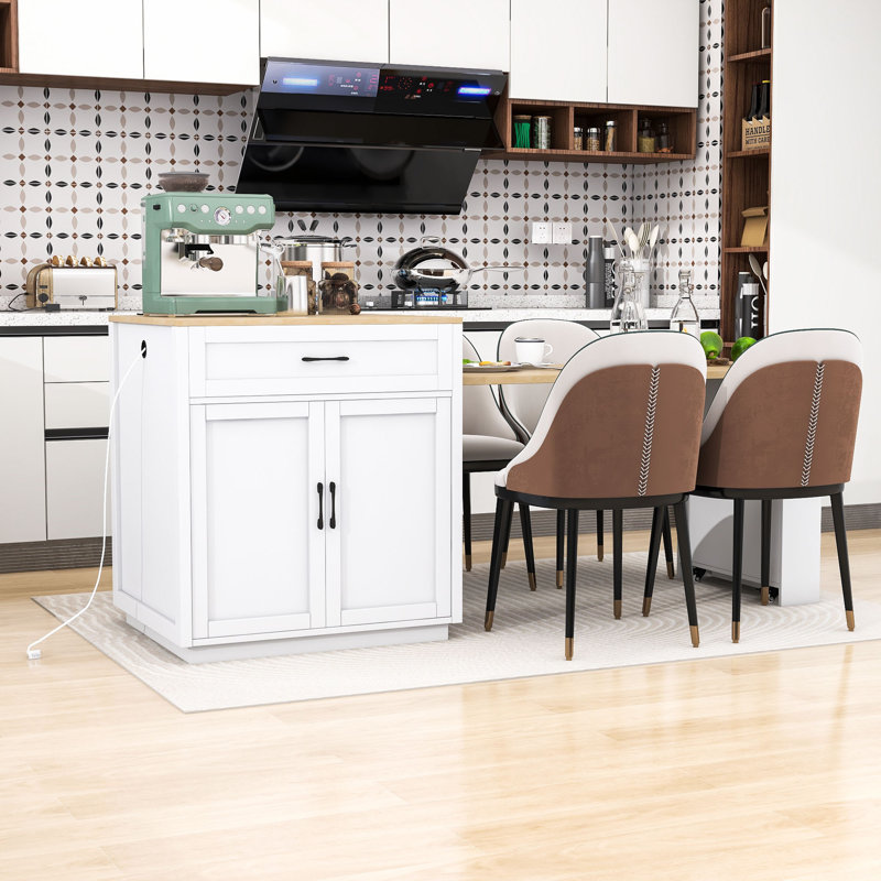 Devinder Wooden Kitchen Island with Extendable Dining Table, Built-in Charging Station and Ample Storage, White