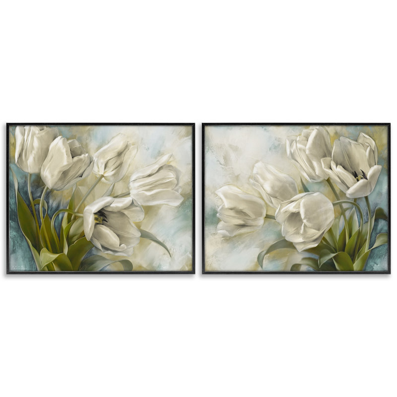  Tulipes, ensemble de 2 estampes à gauche et à droite incurvées par Iorg Levashov, Giclée encadrée noir minuit