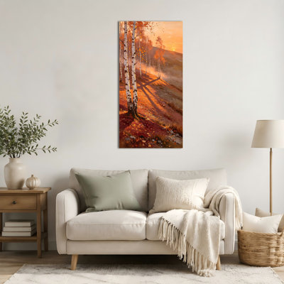 Art mural vertical sur toile de bouleau vertical, art mural forêt d'automne avec coucher de soleil chaud, décoration d'arbres de la nature pour le salon, entrée de bureau de chambre à coucher, toile tendue avec cadre en pin, 24 po x 12 po