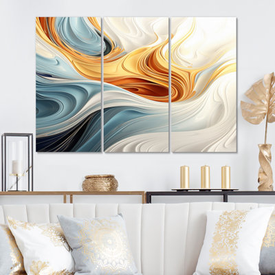 «Vintage Blue and Orange Wave Elegance II», reproduction sur toile 3 pièces