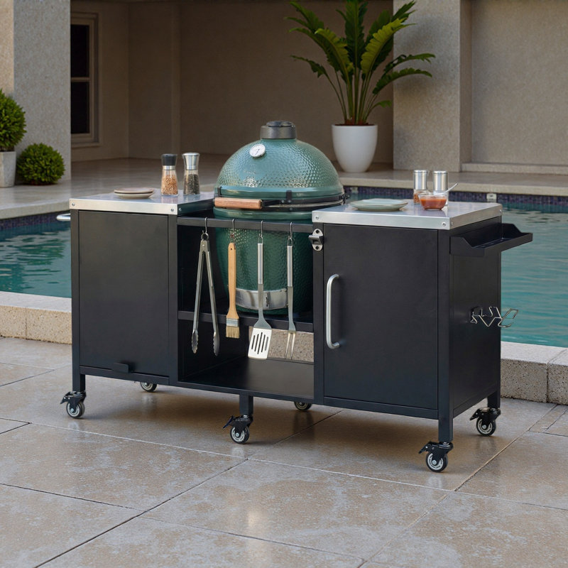 Grande table de barbecue de 72,4 po pour grand gros œuf vert, chariot de barbecue extérieur en métal avec table de préparation escamotable, tablettes réglables, support à épices