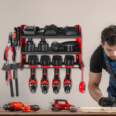Power Tool Organizer Wall Mount 3-Layer Drill Storage Rack 4 Drill Holders