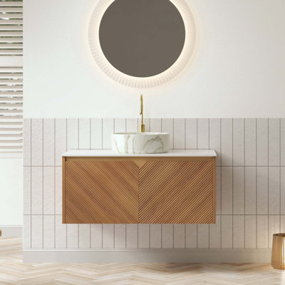Bathroom Vanity&Sink, Floating Plywood Storage Cabinet, Twill Double Doors With Metal Trim, Glossy Stone Pattern Round Ceramic Basin&Sintered Stone Top