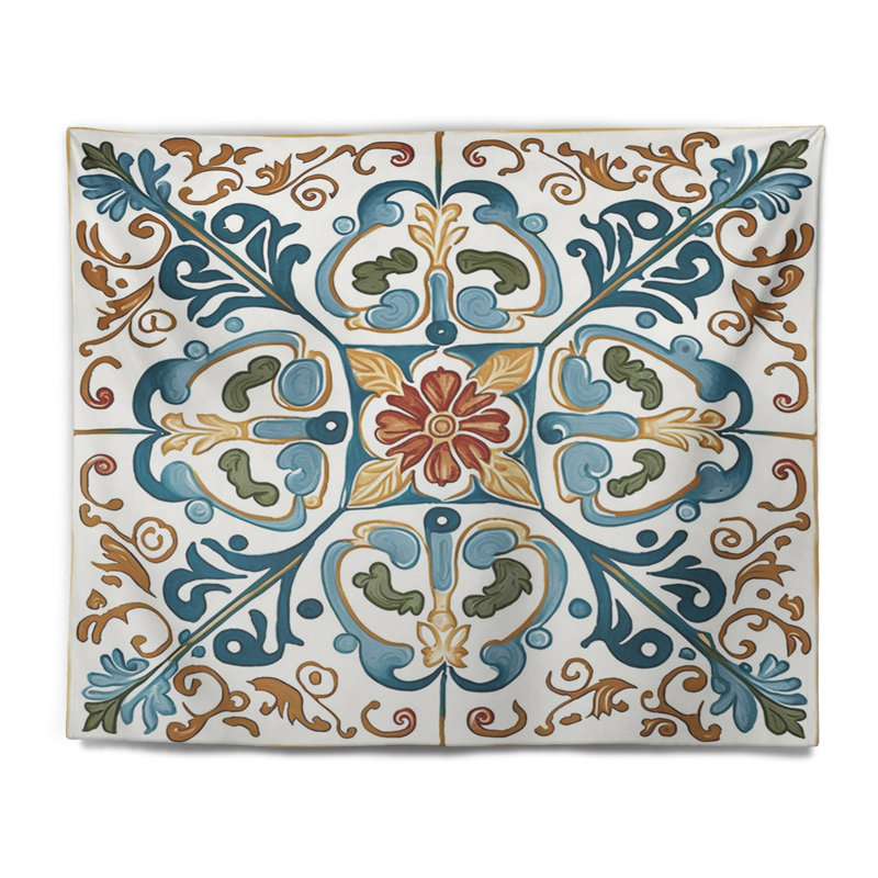 Mosaïque méditerranéenne en bleu rétro VI - Tapisserie murale abstraite, H 32 po x l 39 po