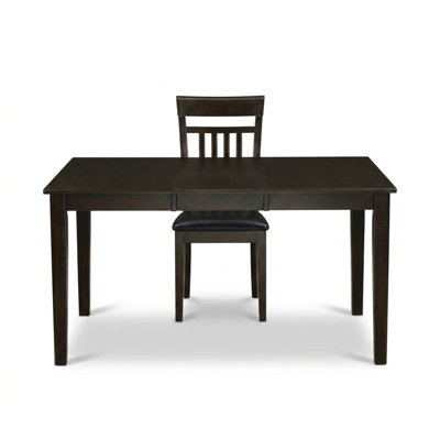 Ensemble table et chaises rectangulaires asiatiques en bois massif couleur cappuccino, piètement papillon, dossier à 4 lattes, siège en similicuir.